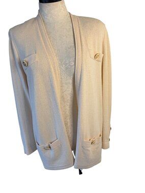 St. John Basics Womens Open Front Santana Knit Cardigan Size M Cream Old Money